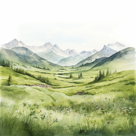 watercolor painting of alps mountains landscape with grass and wild flowers. the style is reminiscent of light green and light gray hues, similar to the terrain in northern china. the painting has a storybook illustration feel, with a combination of light emerald and dark beige colors. the overall composition creates harmonious color fields, reminiscent of whistlerian art. ai generatedの素材