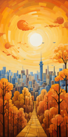 a painting of yellow autumn leaves and trees, inspired by futuristic cityscapes. the artwork showcases soft gradients and grandiose cityscape views, with a combination of sky-blue and orange hues. the australian landscapes serve as a backdrop for the lively illustrations, creating a captivating cityscape. ai generatedの素材