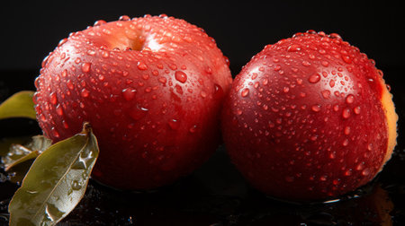 red apple with green leaves, showcasing wet-on-wet blending technique, against a black background. captured by caras ionut and alasdair mclellan, this 32k uhd photograph depicts a captivating kitchen still life. the image is enhanced by the presence of water drops, adding a touch of freshness and vibrancy to the composition. ai generatedの素材