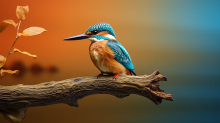 a kingfisher perches on a branch against a backdrop of a field. the photo showcases a captivating blend of dark turquoise and light orange hues, creating a visually striking composition. immaculate perfectionism and photo-realistic techniques bring out the intricate details of the bird. the earthy color palette and matte finish add a touch of natural elegance. the kingfisher's nature-inspired camouflage adds to the wimmelbilder-like scene.の素材