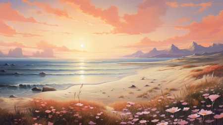 a stunning anime-influenced painting by kieron gillen featuring flowers on a beach at sunset. the soft gradients and panoramic scale create a mesmerizing effect. the lush landscape backgrounds and calm waters add to the tranquility of the scene. this artwork captures the essence of sven nordqvist's style, making it a captivating piece for any art enthusiast. ai generatedの素材