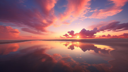 the photo captures a stunning scene at the beach, where the sky is beautifully reflected on the water. in the background, vibrant orange clouds add a touch of drama to the dreamy and romantic atmosphere. this uhd image, reminiscent of sky-blue and magenta hues, showcases the realistic rendering of nature-inspired imagery. a truly captivating shot that embodies dreamy atmospheres. ai generatedの素材