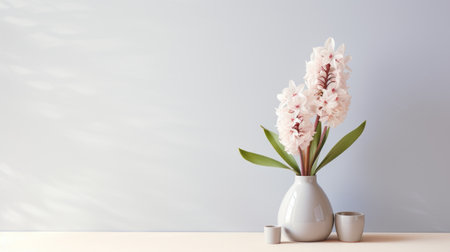 a modern and minimalistic hyacinth arrangement in a vase, styled with clean lines and a simple color palette. the painting captures the essence of modern portraiture, with a focus on the subject's details and a neutral color tone. the lighting is soft and subtle, enhancing the subject's features. ai generatedの素材