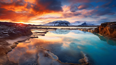 a stunning photograph capturing the beauty of iceland's sunset, where volcanoes and waterfalls are shaped under the high noon light. the image showcases reflections and mirroring, with vibrant colorscape of light turquoise and amber. the ethereal cloudscapes add a touch of magic to the scene, while the nikon f mount captures every detail of this nature-inspired masterpiece. ai generatedの素材