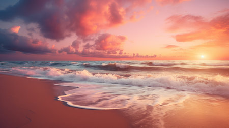 coral beach showcasing a vibrant sunset with a captivating blend of dark pink and light aquamarine hues. this photograph captures ethereal dreamscapes and stormy seascapes, highlighting the beauty of color photography. the traditional oceanic art and hyper-realistic water create a romantic ambiance with captivating and vibrant colors. ai generatedの素材