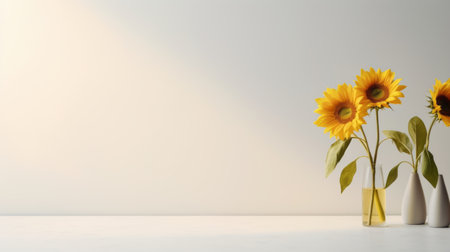 a modern and minimalistic sunflower arrangement in a vase, styled in minimalism with clean lines and a simple color palette. the painting captures the essence of modern portraiture, with a focus on the subject's details and a neutral color tone. the lighting is soft and subtle, enhancing the subject's features. ai generatedの素材