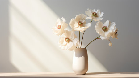 a modern and minimalistic anemone arrangement in a vase, styled in minimalism with clean lines and a simple color palette. the atmosphere is focused on the subject, with details taking center stage. neutral color tones of white and grey, soft and subtle lighting, and a minimalist approach capture the essence of modern portraiture. ai generatedの素材