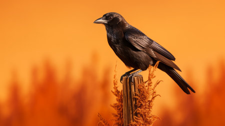 red-eyed crow perched on grass with vibrant orange and yellow background, captured in the mesmerizing style of ultraviolet photography by kevin hill. the smokey backdrop adds a touch of mystery, while the golden light illuminates the minimalist still life. this detailed wildlife shot is a true contest winner. ai generatedの素材