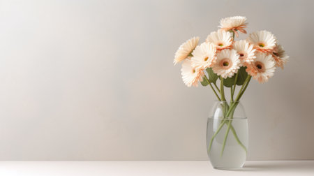 a modern and minimalistic gerbera daisy arrangement in a vase, styled with clean lines and a simple color palette. the painting showcases a minimalist approach, with a focus on the subject's details and a neutral color tone. the soft and subtle lighting enhances the subject's features, capturing the essence of modern portraiture. ai generatedの素材