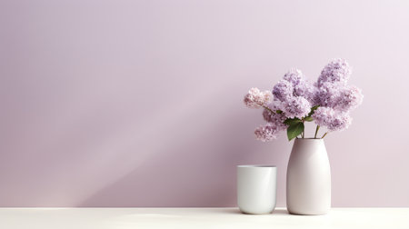 a modern and minimalistic lilac arrangement in a vase, styled in minimalism with clean lines and a simple color palette. the painting captures the essence of modern portraiture, with a focus on the subject's details and a neutral color tone. the lighting is soft and subtle, enhancing the subject's features. ai generatedの素材