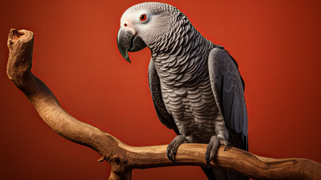 a grey and white parrot perched on a branch against a vibrant red backdrop. this stunning photograph, reminiscent of mike campau's style, showcases the intricate details of the parrot's feathers. processed with darktable, the image captures the essence of realistic animal portraits. the colorful woodcarvings and dark gray and bronze tones add depth to the composition. a contest-winning shot taken with the sony alpha a1.の素材
