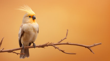 cockatoo portrait: a stunning yellow cockatoo is perched on a branch, set against a vibrant orange background. this eye-catching photo, rendered in cinema4d, showcases the bird's vibrant colors and intricate details. the spiky mounds add an interesting texture to the composition. with its minimalist yellow and beige tones, this image is perfect for creative projects. creative commons attribution. ai generatedの素材