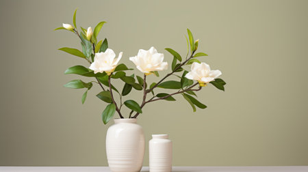 a modern and minimalistic gardenia arrangement in a vase, styled with clean lines and a simple color palette. the painting showcases a neutral color tone, with shades of white and grey, and soft, subtle lighting that highlights the subject's features. this minimalist approach captures the essence of modern portraiture, making it a captivating piece of art. ai generatedの素材