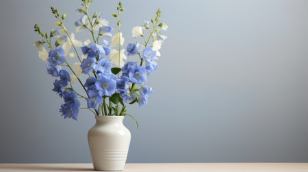 a modern and minimalistic delphinium arrangement in a vase, styled in minimalism with clean lines and a simple color palette. the painting captures the essence of modern portraiture, with a focus on the subject's details and a neutral color tone. the lighting is soft and subtle, enhancing the subject's features. ai generatedの素材