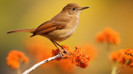 a brown bird perched on a branch amidst vibrant orange flowers. this soft focus, romanticism-inspired photograph showcases a matte finish, high resolution, and a saturated color field. ai generatedの素材