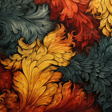 hand-painted floral pattern abstract wallpaper featuring a vibrant mix of colors inspired by rococo art. this unique design combines elements of feathers, woodcarvings, and hyper-realistic details, creating a captivating and foreboding atmosphere. the dark hues of yellow and red add depth to the colorful moebius-inspired composition. ai generatedの素材