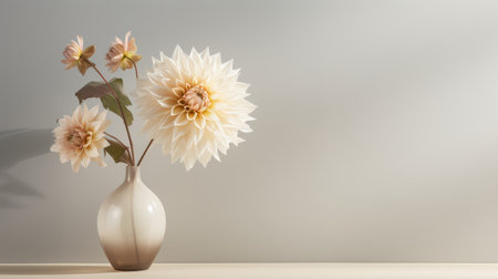 a modern and minimalistic dahlia arrangement in a vase, styled with clean lines and a simple color palette. the painting captures the essence of modern portraiture, with a focus on the subject's details and a neutral color tone. the lighting is soft and subtle, enhancing the subject's features. ai generatedの素材