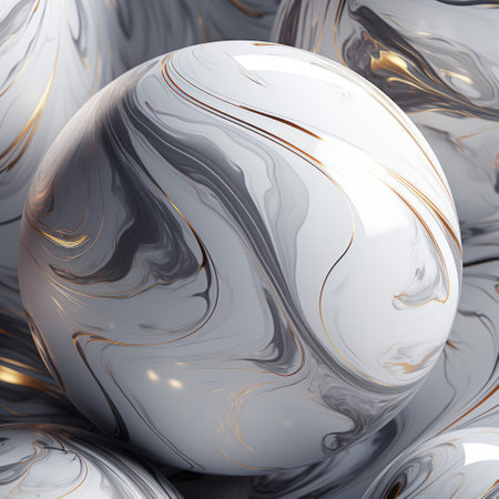 a 4k 3d wallpaper featuring a mesmerizing marble sphere. the golden and white marble balls create a captivating background with fluid lines and curves. inspired by the delicate painterly touch of james nares, the silver and gray tones add depth to the texture-rich surfaces. enhanced with ray tracing, this contemporary candy-coated image is a visual delight. ai generatedの素材