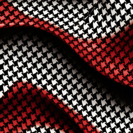 the photo features a plaid fabric with hounds pattern, serving as a captivating background. it showcases an optical art style with digitally enhanced light black and red colors. the composition includes wavy lines, organic shapes, and wavy resin sheets, creating a meticulous design. the pointillist optical mixing adds an intriguing touch to the overall aesthetic. ai generatedの素材