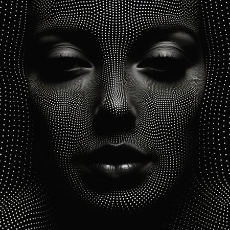 a young woman is depicted in this image against a black background, showcasing a unique blend of polished metamorphosis and solarization effect. the artwork incorporates intricate dotwork and snapshots of iconic hollywood stars. the woman's figure is made of wire, creating a textured surface and distorted proportions. ai generatedの素材