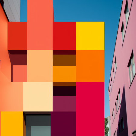 the photo showcases a building adorned with bright colors in the style of graphic modular forms, reminiscent of the dusseldorf school of photography. the pixelated landscapes feature a striking combination of dark orange and light magenta, creating a bold and vibrant primary color palette. the crossed colors add an intriguing element to the overall composition. ai generatedの素材