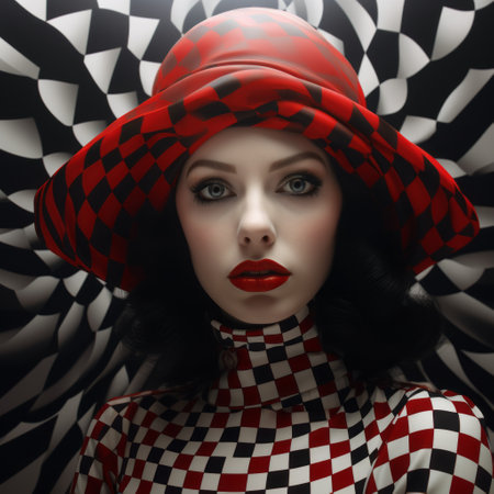 a woman wearing a red hat stands out in a black and white photograph. the image is reminiscent of colorful op art and escher-inspired designs, with 3d elements and mismatched patterns. the hyper-realistic representation adds to the captivating effect, while the woman's porcelain-like appearance adds a touch of elegance. this fashion photography showcases a unique blend of artistic styles. ai generatedの素材