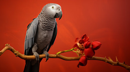 a bird perched on a branch with red flowers, captured in a hyperrealistic style against a smokey background. the image showcases the use of petcore and softbox lighting, resulting in bold color fields and a striking gray tone. this stunning portrayal of nature's beauty is truly captivating. ai generatedの素材