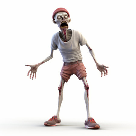 a photo of a zombie character in a photorealistic representation, featuring playful cartoonish scenes. this associated press photo showcases forced perspective, with light colors of white and crimson highlighting the bone-like features. the image captures a unique blend of vacation vibes and dadcore aesthetics. ai generatedの素材