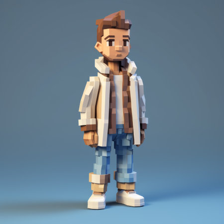 a voxel art cartoon character wearing a t-shirt and jeans is depicted in this image. the soft edges and atmospheric effects give it a supernatural realism. the artist skillfully incorporates common materials to create this unique character study. the character, lit kid, has a light brown and white color scheme. ai generatedの素材