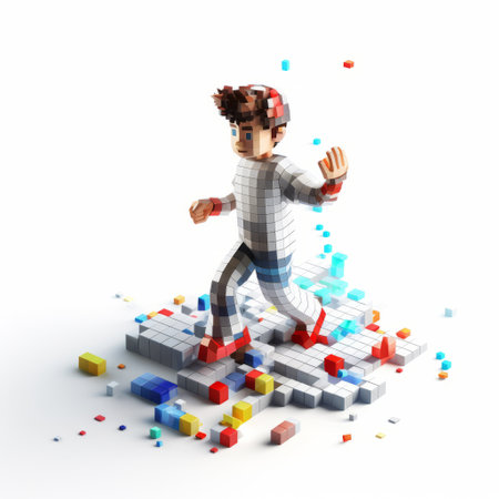 a figure stands amidst a vibrant and playful depiction of chaotic energy, surrounded by a large group of bricks. the white background enhances the virtual reality experience, while jump cuts and the use of unreal engine 5 add a touch of innovation. this synthetist artwork captures the essence of a dynamic and colorful world. ai generatedの素材