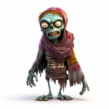 cute zombie character with a scarf and pen, depicted in a cartoon animation style reminiscent of zbrush and john wilhelm's work. the character is rendered in maya and is seen wearing elaborate costumes designed by ben wooten. the zombie's skeletal features and otherworldly appearance add to its unique and intriguing presence. ai generatedの素材