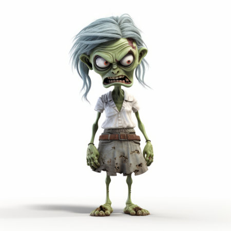 a zombie girl with blue hair is depicted in this image, showcasing a witty and clever cartoon style. the artist's meticulous technique, reminiscent of vray and george lucas, brings the full body of the character to life. the strong facial expression adds to the overall impact, making this artwork reminiscent of the world of goblin academia. ai generatedの素材