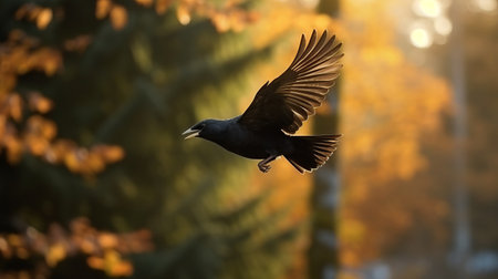 a little black crow gracefully flies over a vibrant autumn forest, with yellow leaves creating a stunning backdrop. captured in the style of helios 44-2 58mm f2, this photograph by thomas wrede is eerily realistic. the shallow depth of field adds a whistlerian touch, while the raw and edgy aesthetic enhances the beauty of this breathtaking scene. ai generatedの素材