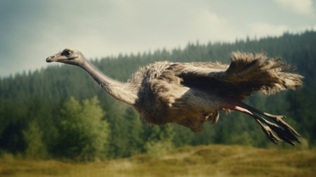 ostrich soaring through the air above a dense forest, captured in a hyper-realistic style using cinema4d rendering techniques. this dynamic action sequence showcases the cranberrycore and whistlerian elements, resulting in an eerily realistic and cinematic still image. ai generatedの素材