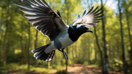 a bird gracefully soars through a lush forest, captured in stunning detail through the lens of a daz3d macro photography technique. this national geographic-worthy photo showcases the influence of the barbizon school, with its emphasis on capturing nature's beauty. the high-quality image is enhanced through digital airbrushing, resulting in a breathtaking composition reminiscent of cryengine's visual prowess. ai generatedの素材