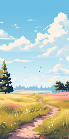 a watercolor field and background featuring a flower field in a flat perspective style. the pixel art showcases a sky-blue and beige color scheme, creating a romanticized depiction of wilderness. with an 8k resolution, the image displays detailed character design and atmospheric clouds. ai generatedの素材