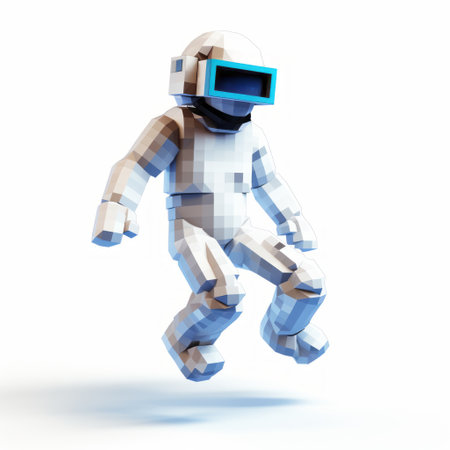 a spaceman in pixelated abstraction is depicted in this 3d illustration. the spaceman is shown in dynamic action sequences, against a white background. the artwork features a combination of dark white and light azure colors, creating a bold and minimalist geometric style. this creative commons attribution image showcases an enigmatic automatism with a touch of cryptopunk aesthetic. ai generatedの素材