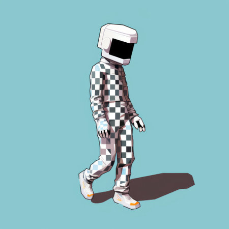 a checkered hat-wearing man walks through a blue background in a retro-futuristic style. the image features a full-body shot with surrealistic poses, reminiscent of toonami. the character design is playful, with a mix of dark white and light cyan colors. the overall aesthetic has elements of spacesolarpunk. ai generatedの素材