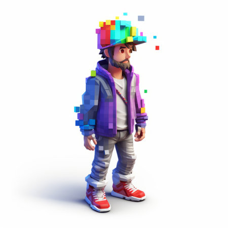 a pixel figure wearing a purple hat and jacket stands out in this color splash style photo. the vibrant and bright color blocks, reminiscent of cryengine, create a visually striking image. the hip hop aesthetics add a unique touch to the photorealistic renderings, while the rainbowcore elements enhance the lucid developments of the subject. ai generatedの素材