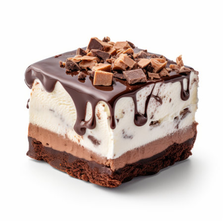 a white square cake adorned with a delightful combination of chocolate, caramel, and nuts. this multi-layered composition showcases loose and fluid textures, reminiscent of the artistic styles of frogcore, provia, and wet-on-wet blending. the cake is beautifully decorated with dark brown zigzags, adding a touch of visual appeal. ai generatedの素材