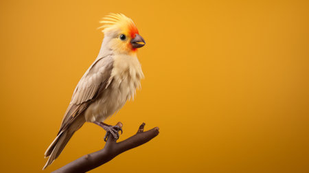 a small yellow and white bird perched on a branch against an orange background. this photo, inspired by sacha goldberger's hip-hop style, captures the attention with its detailed fur and feathers texture. the light gray and amber tones blend with hints of light yellow and crimson, creating a striking contrast. the image is skillfully crafted using zbrush. ai generatedの素材