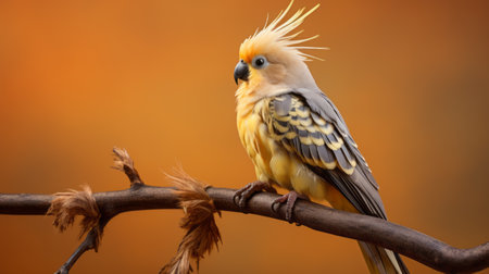 yellow cockatoo perched on a branch, captured in a front view. the vibrant bird stands out against a smokey background, created with feathers forming spiky mounds. the image features an hdr effect, showcasing a striking combination of dark silver and light orange tones. inspired by ancient chinese art, this cute and colorful photograph is a true visual delight. ai generatedの素材