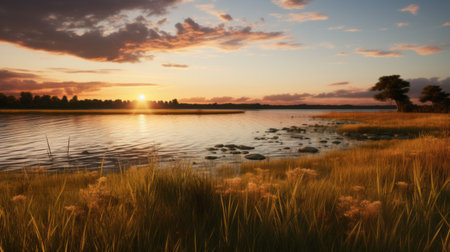 a serene sunset illuminates a tranquil body of water, reminiscent of pastoral scenes found in national geographic. this uhd image captures the essence of prairiecore with its realistic rendering, drawing inspiration from the danish golden age and nature-inspired imagery. ai generatedの素材
