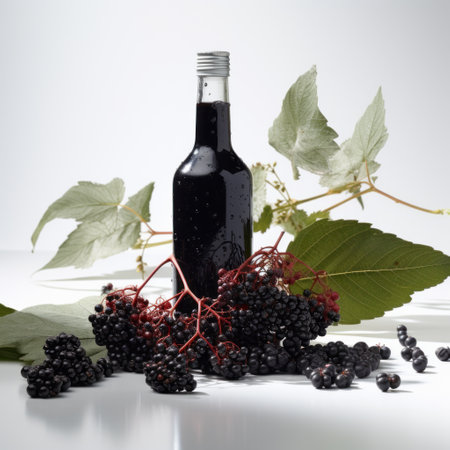 a photo of an elderberry liquor bottle, showcasing its deep violet and dark green colors, is captured in a photo-realistic still life style. the high-quality image highlights elaborate fruit arrangements, reflecting the infusion of norwegian nature. this bourbon-like product, titled for its rich flavor, is also infused with social commentary, making it a unique and thought-provoking choice. ai generatedの素材