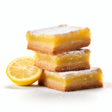 a stack of lemon bars, arranged in a visually captivating manner, showcases infused symbolism and rectangular fields. this unique composition draws inspiration from weathercore, arnoldo pomodoro's art style, and the zany concept of quadratura. against a clean white background, the lemon bars create an intriguing visual contrast. ai generatedの素材