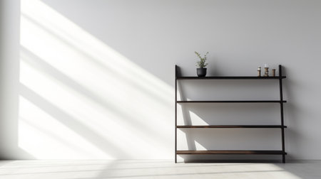 a black shelf stands in a white room, accompanied by a lamp and a plant. this visually striking composition, reminiscent of makoto shinkai's minimalist backgrounds, showcases the artistry of physically based rendering. the emphasis on light and shadow, along with the use of muted earth tones, creates an eye-catching aesthetic. shot on fujifilm provia 400x film. ai generatedの素材