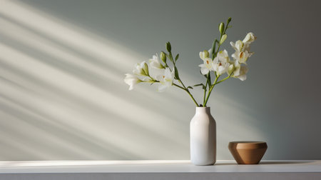 a modern and minimalistic freesia arrangement in a vase, styled with clean lines and a simple color palette. the painting captures the essence of modern portraiture, with a focus on the subject's details and a neutral color tone. the lighting is soft and subtle, enhancing the subject's features. this minimalist artwork showcases the beauty of freesia in a contemporary way. ai generatedの素材