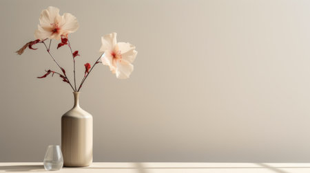 a modern and minimalistic hibiscus arrangement in a vase, styled with clean lines and a simple color palette. the painting captures the essence of modern portraiture, with a focus on the subject's details and a neutral color tone. the lighting is soft and subtle, enhancing the subject's features. ai generatedの素材