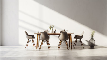 the dining room features white tables and wooden chairs, creating a photorealistic representation. the room is styled with a combination of gray and amber tones, giving it a midcentury modern feel. the indoor still life is enhanced by a soft focus and a backlight, while earth tones are used to create a warm and inviting atmosphere. ai generatedの素材
