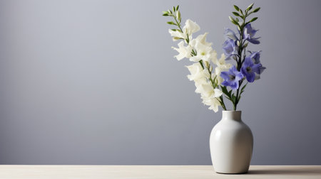 a modern and minimalistic delphinium arrangement in a vase, styled in minimalism with clean lines and a simple color palette. the painting captures the essence of modern portraiture, with a focus on the subject's details and a neutral color tone. the lighting is soft and subtle, enhancing the subject's features. ai generatedの素材